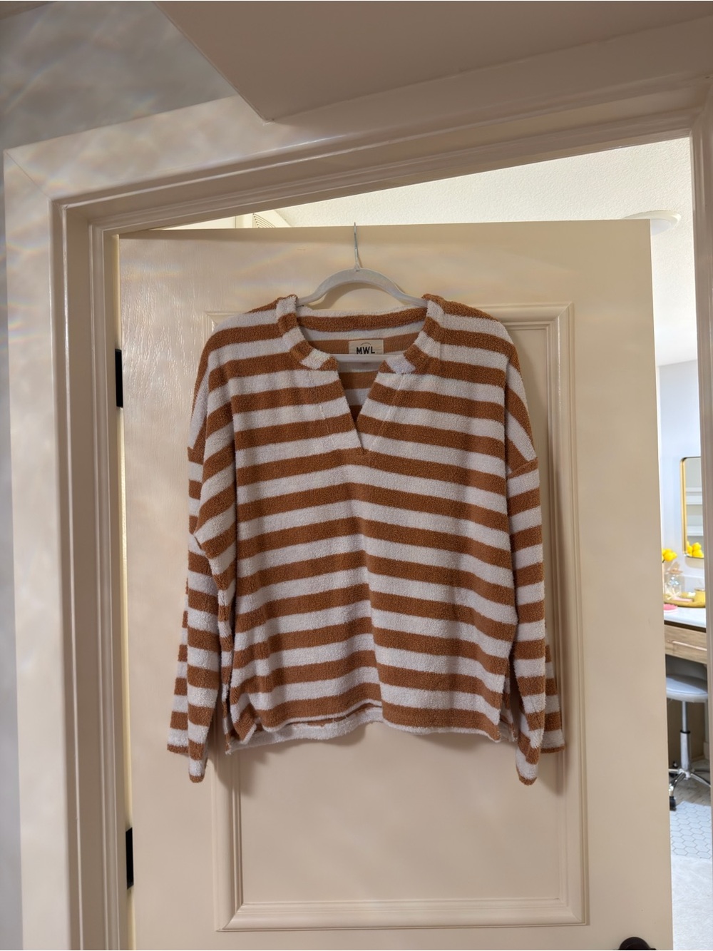 Madewell Striped Notch Pullover in White and Tan